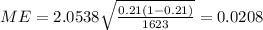 ME=2.0538\sqrt{\frac{0.21 (1-0.21)}{1623}}=0.0208