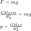F=mg\\\\\frac{GM_Erm}{R_E^3}=mg\\\\g=\frac{GM_Er}{R_E^3}