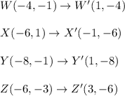 W(-4, -1) \rightarrow W'(1, -4) \\ \\X(-6, 1) \rightarrow X'(-1, -6) \\ \\ Y(-8, -1) \rightarrow Y'(1, -8) \\ \\ Z(-6, -3) \rightarrow Z'(3, -6)