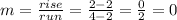 m=\frac{rise}{run}=\frac{2-2}{4-2}=\frac{0}{2}=0