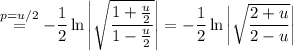 \stackrel{p=u/2}=-\dfrac12\ln\left|\sqrt{\dfrac{1+\frac u2}{1-\frac u2}}\right|=-\dfrac12\ln\left|\sqrt{\dfrac{2+u}{2-u}}\right|