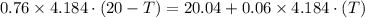 0.76\times 4.184\cdot (20-T)=20.04+0.06\times 4.184\cdot (T)