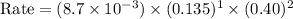 \text{Rate}=(8.7\times 10^{-3})\times (0.135)^1\times (0.40)^2