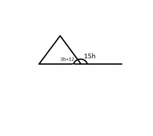 Atriangle with exterior angles is shown. the bottom right angle of the triangle is (3 h + 18) degree