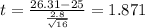 t=\frac{26.31-25}{\frac{2.8}{\sqrt{16}}}=1.871