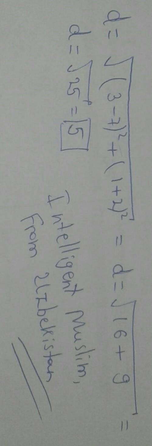Use the distance formula to answer the question:  what is the distance between (7,-2) and (3,1)