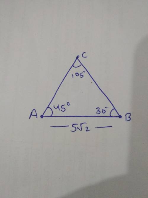 Given:  △abc, ab=5 sqrt2 m∠a=45°, m∠c=30° find:  bc and ac  pls   will give brainliest to first and