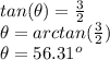 tan(\theta)=\frac{3}{2} \\\theta=arctan(\frac{3}{2} )\\\theta= 56.31^o