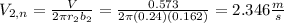 V_{2,n}=\frac{V}{2\pi r_{2}b_{2}}=\frac{0.573}{2\pi (0.24)(0.162)}}=2.346\frac{m}{s}