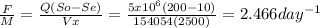 \frac{F}{M} =\frac{Q(So-Se)}{Vx}=\frac{5x10^{6}(200-10) }{154054(2500)}=2.466day^{-1}
