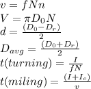 v=fNn\\V=\pi D_0N\\d= \frac{(D_0-D_r)}{2}\\D_{avg}=\frac{(D_0+D_r)}{2}\\t(turning)=\frac{I}{fN}\\t(miling)=\frac{(I + I_c)}{v}