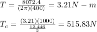 T= \frac{8072.4}{(2\pi)(400)}=3.21N-m\\\\T_c=\frac{(3.21)(1000)}{\frac{12.446}{2}}=515.83N