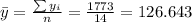\bar y= \frac{\sum y_i}{n}=\frac{1773}{14}=126.643