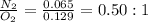 \frac{N_2}{O_2}=\frac{0.065}{0.129}=0.50:1