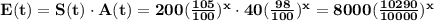 \mathbf{E(t)=S(t) \cdot A(t)=200(\frac{105}{100})^{x} \cdot 40(\frac{98}{100})^{x}=8000(\frac{10290}{10000})^{x}}