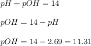 pH+pOH=14\\\\pOH=14-pH\\\\pOH=14-2.69=11.31