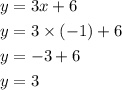 \begin{aligned}y&= 3x + 6\\y&= 3 \times \left( { - 1} \right) + 6 \\ y&=  - 3 + 6\\y&= 3\\ \end{aligned}