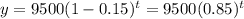 y=9500(1-0.15)^t=9500(0.85)^t