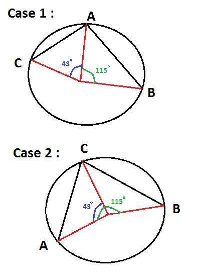 in the same circle, chord ab determines a 115° arc and chord ac determines a 43° arc. find m∠bac. (2