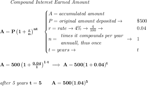 \bf ~~~~~~ \textit{Compound Interest Earned Amount}&#10;\\\\&#10;A=P\left(1+\frac{r}{n}\right)^{nt}&#10;\quad &#10;\begin{cases}&#10;A=\textit{accumulated amount}\\&#10;P=\textit{original amount deposited}\to &\$500\\&#10;r=rate\to 4\%\to \frac{4}{100}\to &0.04\\&#10;n=&#10;\begin{array}{llll}&#10;\textit{times it compounds per year}\\&#10;\textit{annuall, thus once}&#10;\end{array}\to &1\\&#10;t=years\to &t&#10;\end{cases}&#10;\\\\\\&#10;A=500\left(1+\frac{0.04}{1}\right)^{1\cdot t}\implies A=500(1+0.04)^t&#10;\\\\\\&#10;\textit{after 5 years }t=5\qquad A=500(1.04)^5
