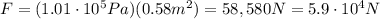 F=(1.01 \cdot 10^5 Pa)(0.58 m^2)=58,580 N=5.9\cdot 10^4 N