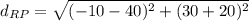 \displaystyle d_{RP}=\sqrt{(-10-40)^2+(30+20)^2}