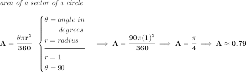\bf \textit{area of a sector of a circle}\\\\ A=\cfrac{\theta \pi r^2}{360}~~ \begin{cases} \theta = angle~in\\ \qquad degrees\\ r=radius\\[-0.5em] \hrulefill\\ r=1\\ \theta =90 \end{cases}\implies A=\cfrac{90\pi (1)^2}{360}\implies A=\cfrac{\pi }{4}\implies A\approx 0.79