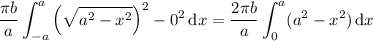 \displaystyle\frac{\pi b}a\int_{-a}^a\left(\sqrt{a^2-x^2}\right)^2-0^2\,\mathrm dx=\frac{2\pi b}a\int_0^a(a^2-x^2)\,\mathrm dx