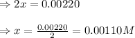 \Rightarrow 2x=0.00220\\\\\Rightarrow x=\frac{0.00220}{2}=0.00110M