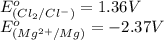 E^o_{(Cl_2/Cl^-)}= 1.36V\\E^o_{(Mg^{2+}/Mg)}=-2.37V