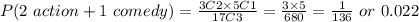 P(2\ action+1\ comedy)=\frac{3C2\times5C1}{17C3}=\frac{3\times5}{680}=\frac{1}{136}\ or\ 0.022