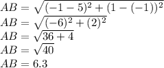 AB = \sqrt {(- 1-5) ^ 2 + (1 - (- 1)) ^ 2}\\AB = \sqrt {(- 6) ^ 2 + (2) ^ 2}\\AB = \sqrt {36 + 4}\\AB = \sqrt {40}\\AB = 6.3
