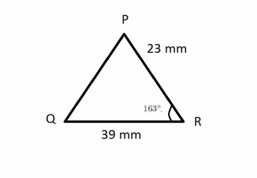 In triangle pqr, pr = 23mm, qr = 39mm, and m< r = 163 degrees. find the area of the triangle to t