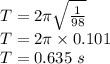 T=2\pi\sqrt{\frac{1}{98}}\\T=2\pi\times 0.101\\T=0.635\ s