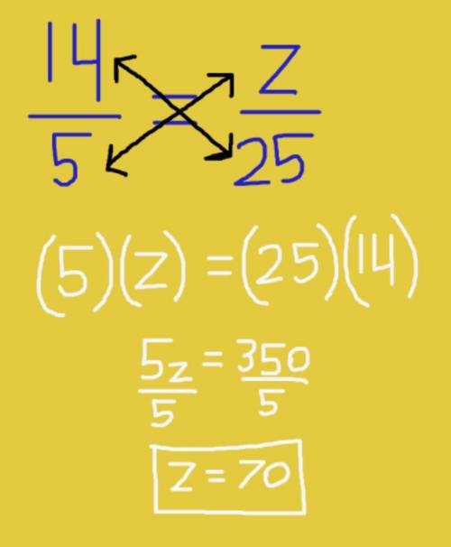 Solve for the value of z:  14/5 = z/25
