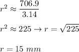 r^2\approx\dfrac{706.9}{3.14}\\\\r^2\approx225\to r=\sqrt{225}\\\\r= 15\ mm