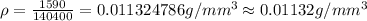 \rho=\frac {1590}{140400}=0.011324786 g/mm^{3}\approx 0.01132 g/mm^{3}