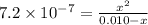 7.2\times 10^{-7}=\frac{x^2}{0.010-x}