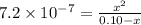 7.2\times 10^{-7}=\frac{x^2}{0.10-x}