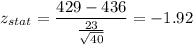 z_{stat} = \displaystyle\frac{429 - 436}{\frac{23}{\sqrt{40}} } = -1.92