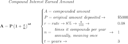 \bf \qquad \textit{Compound Interest Earned Amount}&#10;\\\\&#10;A=P\left(1+\frac{r}{n}\right)^{nt}&#10;\qquad &#10;\begin{cases}&#10;A=\textit{compounded amount}\\&#10;P=\textit{original amount deposited}\to &\$5000\\&#10;r=rate\to 8\%\to \frac{8}{100}\to &0.08\\&#10;n=&#10;\begin{array}{llll}&#10;\textit{times it compounds per year}\\&#10;\textit{annually, meaning once}&#10;\end{array}\to &1\\&#10;&#10;t=years\to &3&#10;\end{cases}