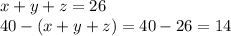 x+y+z=26&#10;\\40-(x+y+z)=40-26=14