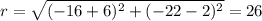 r=\sqrt{(-16+6)^2+(-22-2)^2}=26