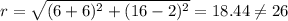 r=\sqrt{(6+6)^2+(16-2)^2}=18.44\neq 26