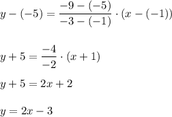 y-(-5)=\dfrac{-9-(-5)}{-3-(-1)}\cdot (x-(-1))\\ \\ \\y+5=\dfrac{-4}{-2}\cdot (x+1)\\ \\y+5=2x+2\\ \\y=2x-3