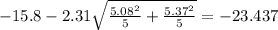 -15.8-2.31\sqrt{\frac{5.08^2}{5}+\frac{5.37^2}{5}}=-23.437