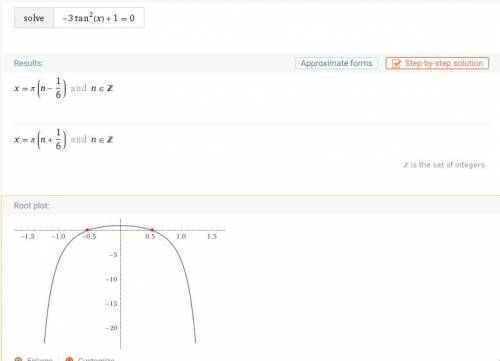 What are all the exact solutions of -3tan^2x+1= 0?  give your answer in radians