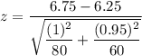 z=\dfrac{6.75-6.25}{\sqrt{\dfrac{(1)^2}{80}+\dfrac{(0.95)^2}{60}}}