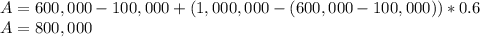 A = 600,000-100,000 + (1,000,000-(600,000-100,000))*0.6\\A= 800,000