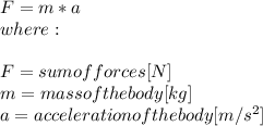 F=m*a\\where:\\\\F = sum of forces [N]\\m = mass of the body [kg]\\a = acceleration of the body [m/s^{2}]\\